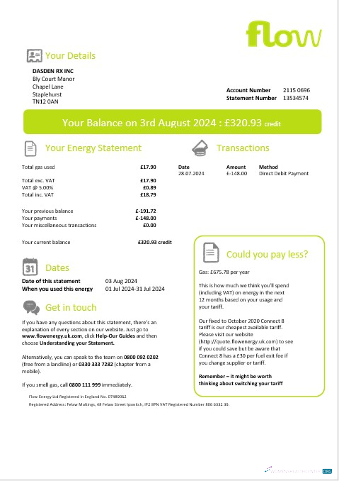 United Kingdom Flow Energy business utility bill template in Word and PDF formats